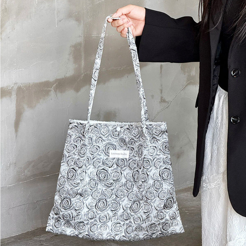 Chic Ink Rose Print Tote Shoulder Bag - Spacious & Versatile for Everyday