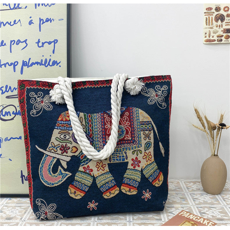 Boho Chic Double-Sided Elephant Embroidered Canvas Shoulder Bag - Spacious Everyday Tote