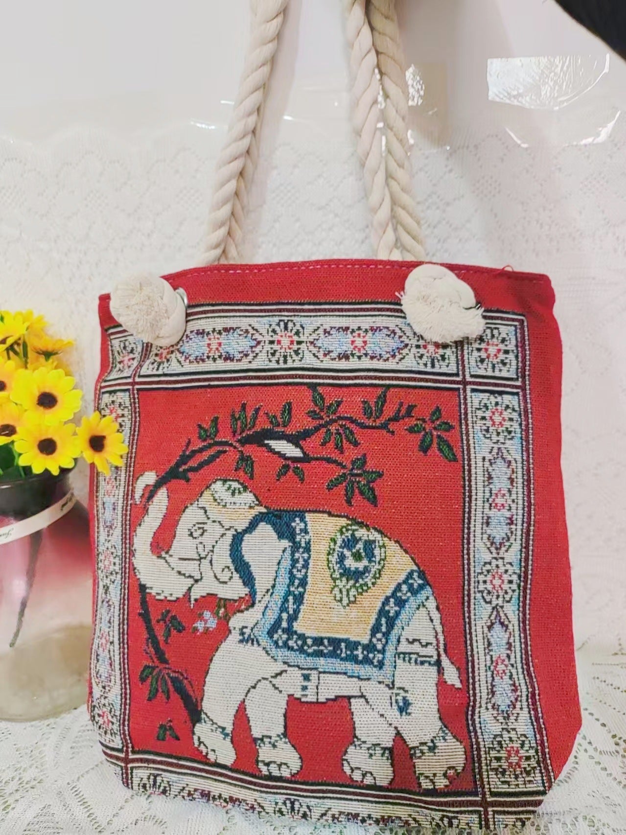 Boho Chic Double-Sided Elephant Embroidered Canvas Shoulder Bag - Spacious Everyday Tote