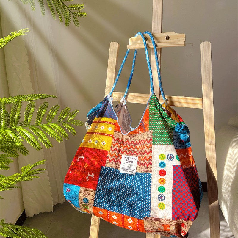 Boho Chic Printed Canvas Tote Bag - Large Capacity Slouchy Casual Shoulder Bag for Women