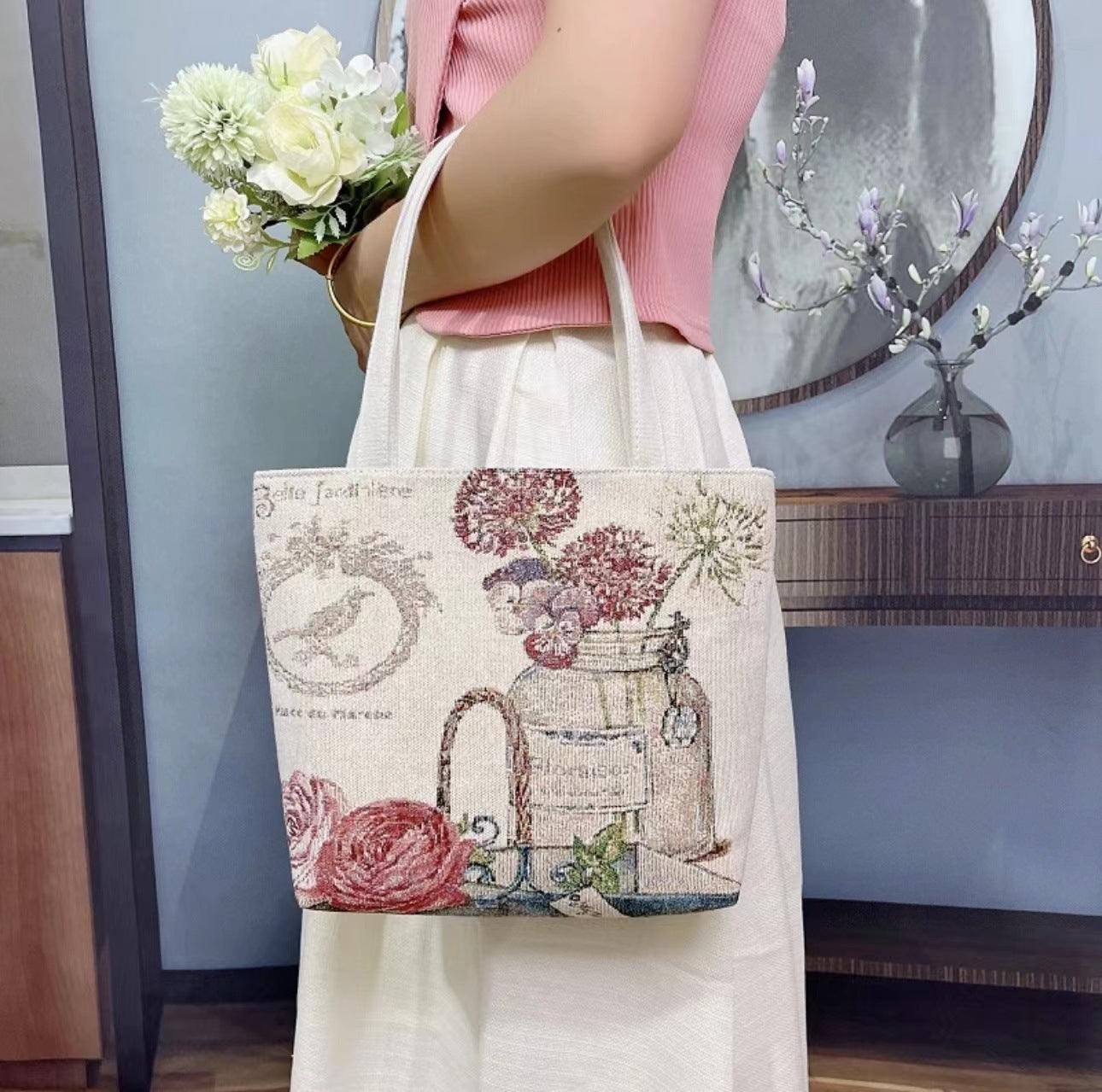 Boho Chic Double-Sided Elephant Embroidered Canvas Shoulder Bag - Spacious Everyday Tote