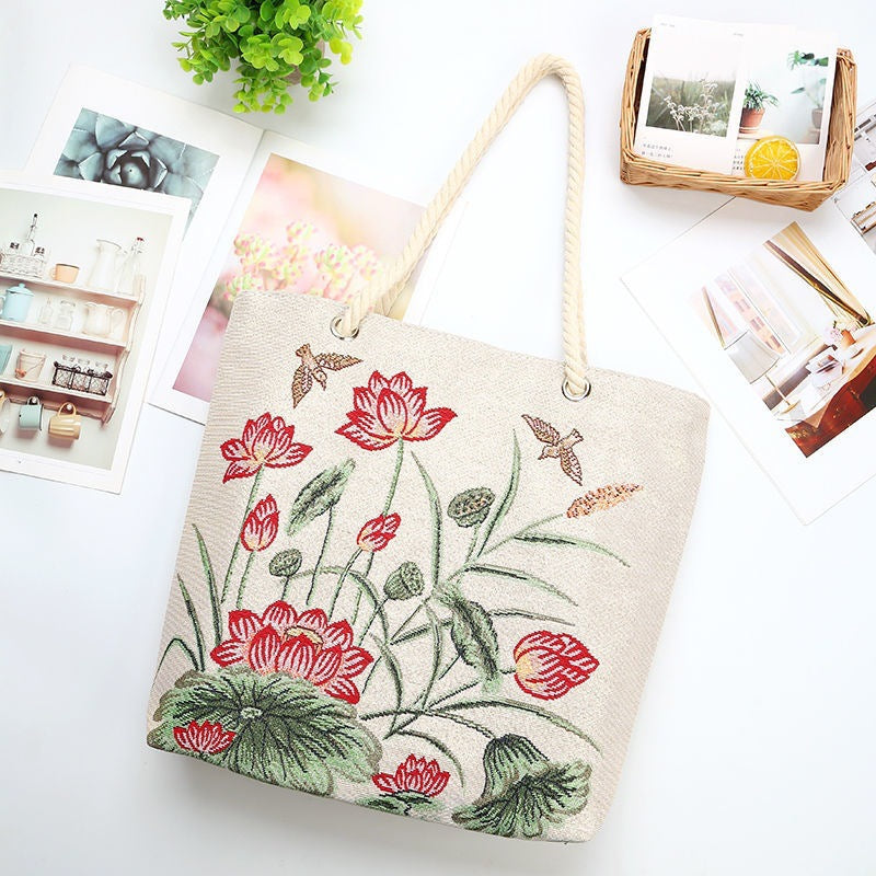 Boho Chic Double-Sided Elephant Embroidered Canvas Shoulder Bag - Spacious Everyday Tote