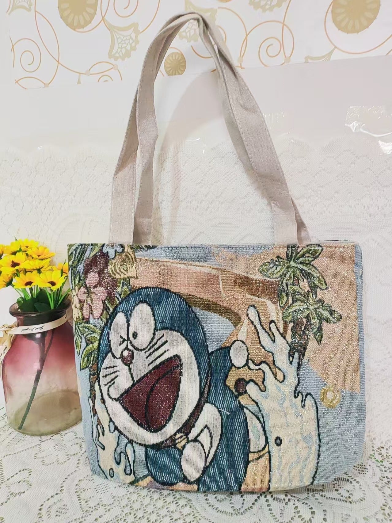 Boho Chic Double-Sided Elephant Embroidered Canvas Shoulder Bag - Spacious Everyday Tote
