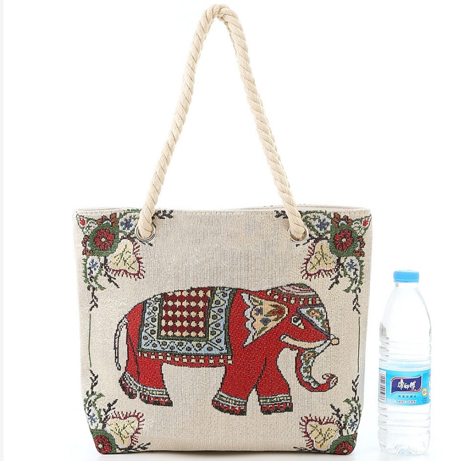 Boho Chic Double-Sided Elephant Embroidered Canvas Shoulder Bag - Spacious Everyday Tote