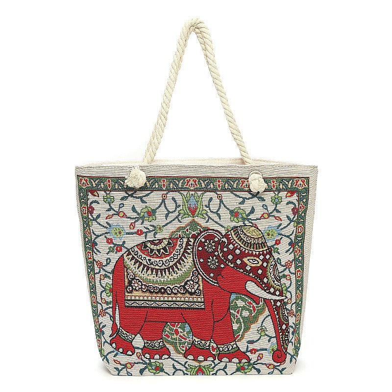 Boho Chic Double-Sided Elephant Embroidered Canvas Shoulder Bag - Spacious Everyday Tote