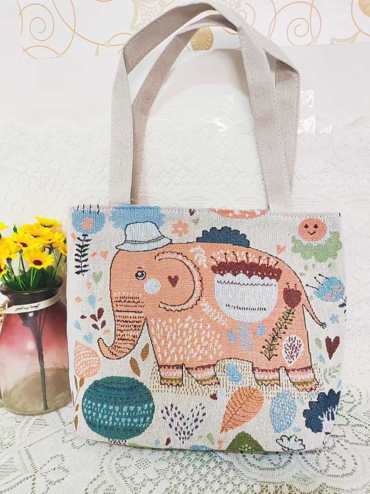 Boho Chic Double-Sided Elephant Embroidered Canvas Shoulder Bag - Spacious Everyday Tote