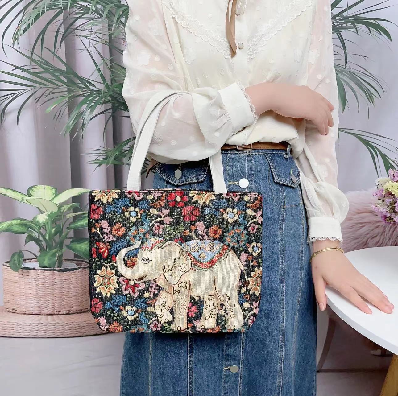 Boho Chic Double-Sided Elephant Embroidered Canvas Shoulder Bag - Spacious Everyday Tote