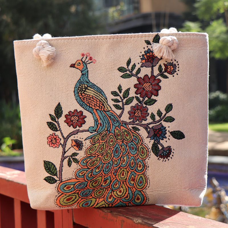 Boho Chic Double-Sided Elephant Embroidered Canvas Shoulder Bag - Spacious Everyday Tote