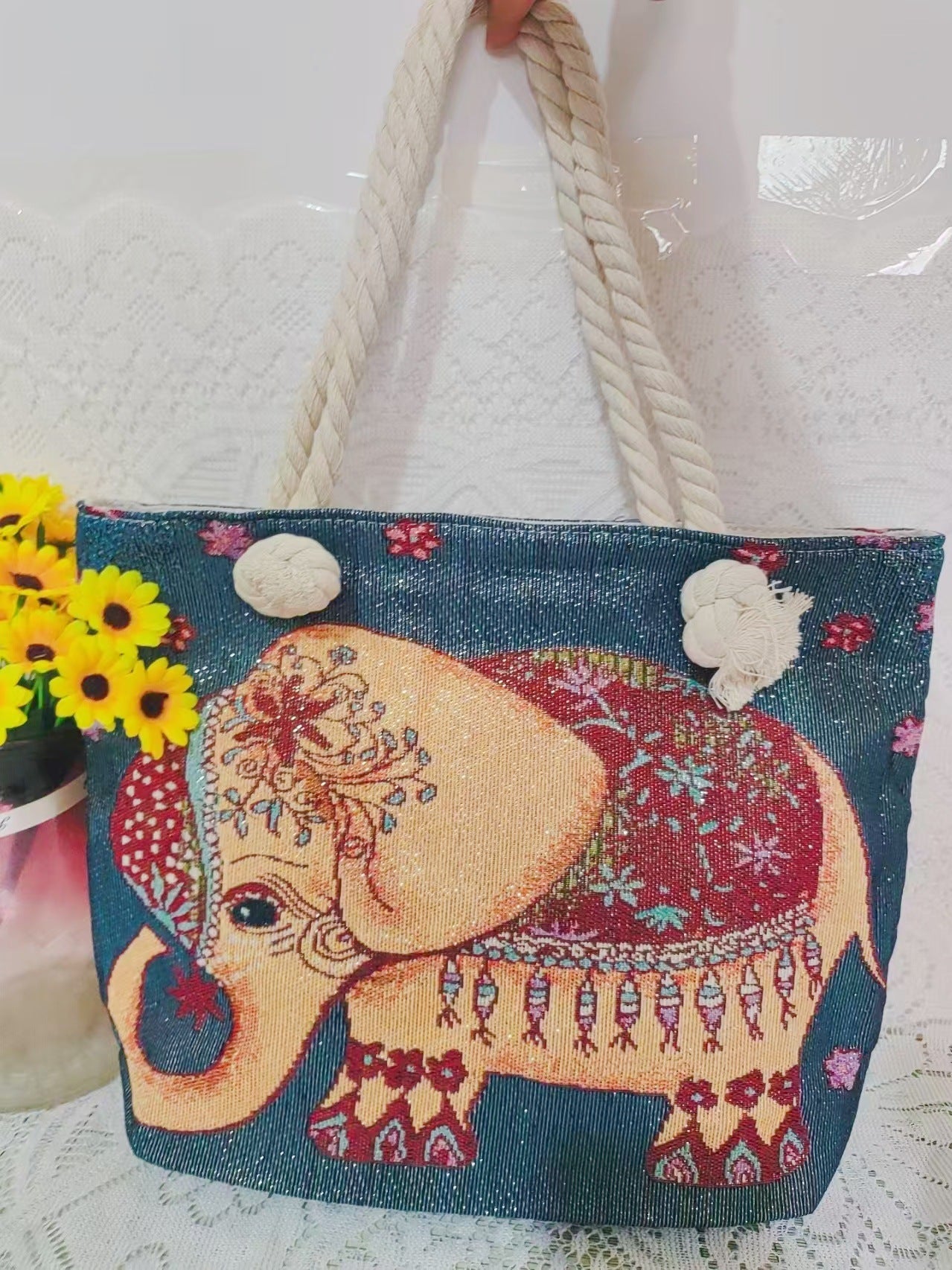Boho Chic Double-Sided Elephant Embroidered Canvas Shoulder Bag - Spacious Everyday Tote