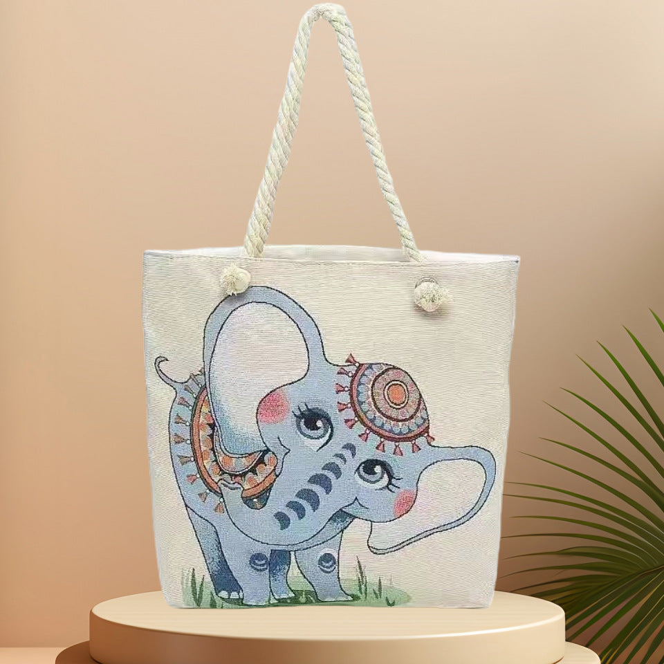 Boho Chic Double-Sided Elephant Embroidered Canvas Shoulder Bag - Spacious Everyday Tote