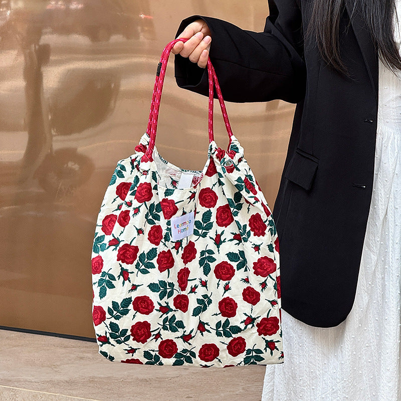 Chic Floral Embossed Drawstring Tote Bag - Large Capacity Polyester Canvas Shopper for Everyday & Leisure