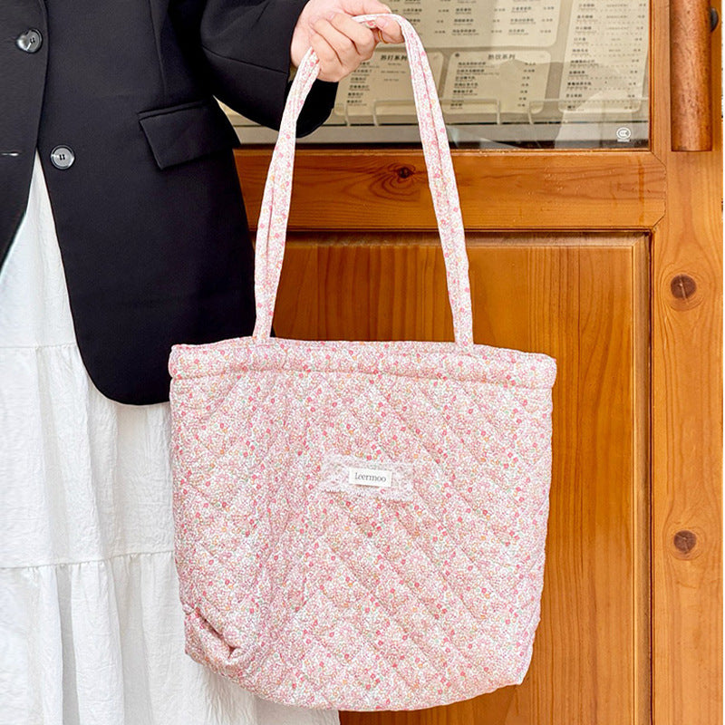 Korean Style Quilted Floral Tote Shoulder Bag - Large Capacity Casual Everyday Carryall