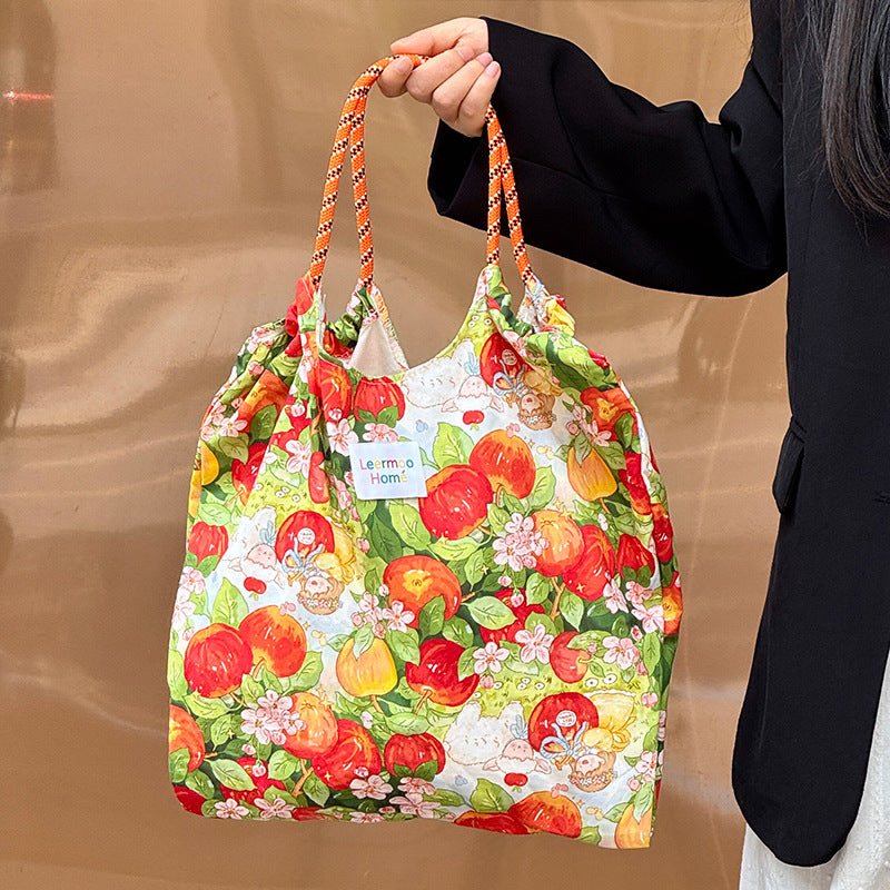 Chic Floral Embossed Drawstring Tote Bag - Large Capacity Polyester Canvas Shopper for Everyday & Leisure