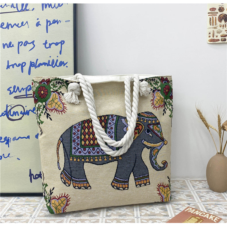 Boho Chic Double-Sided Elephant Embroidered Canvas Shoulder Bag - Spacious Everyday Tote