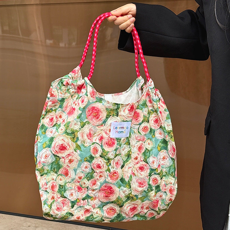 Chic Floral Embossed Drawstring Tote Bag - Large Capacity Polyester Canvas Shopper for Everyday & Leisure