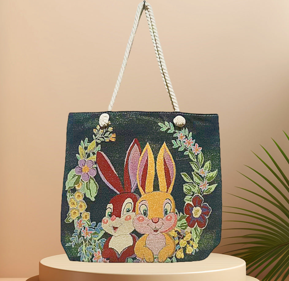Boho Chic Double-Sided Elephant Embroidered Canvas Shoulder Bag - Spacious Everyday Tote