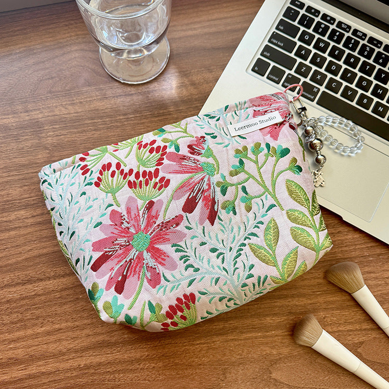 Retro Chic Embossed Floral Makeup Organizer & Travel Pouch - Large Capacity, Portable Handbag for Women