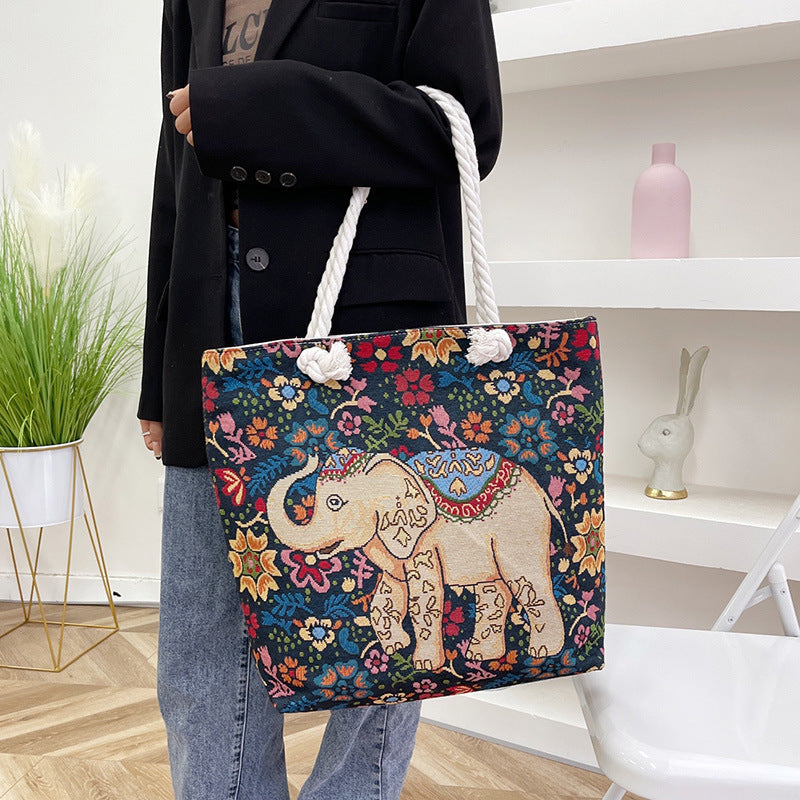 Boho Chic Double-Sided Elephant Embroidered Canvas Shoulder Bag - Spacious Everyday Tote