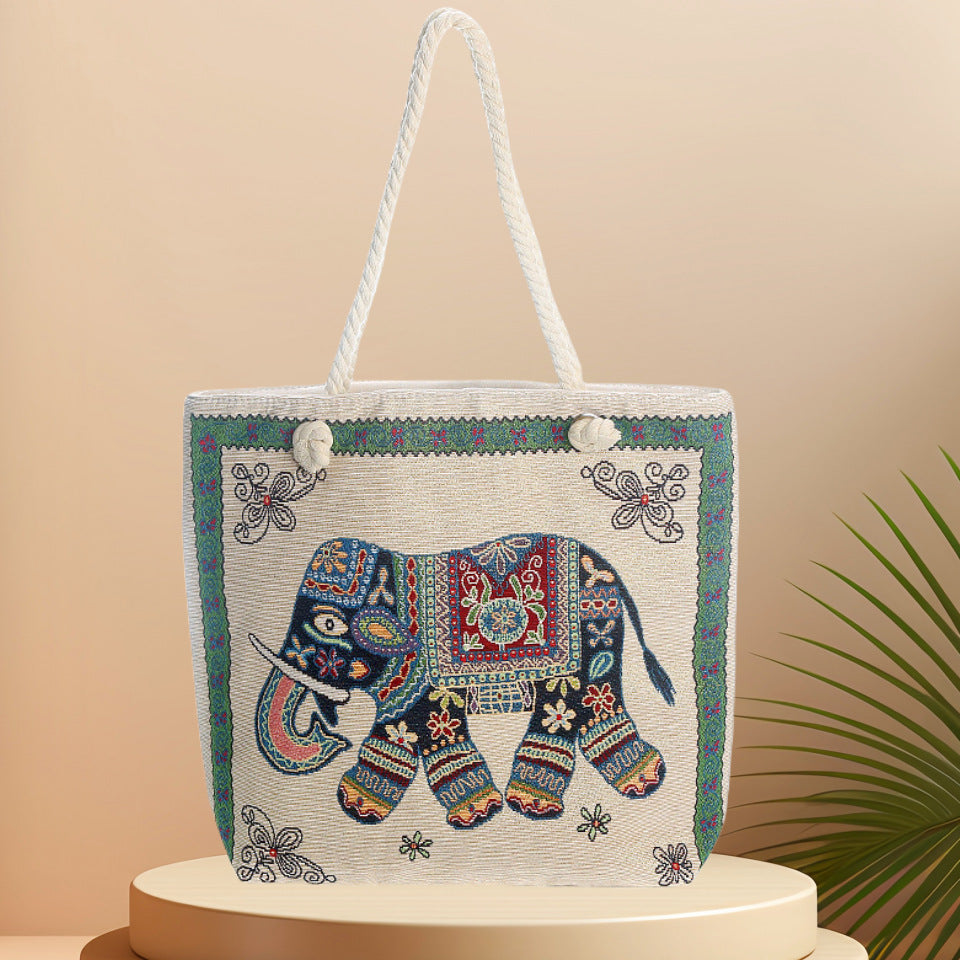 Boho Chic Double-Sided Elephant Embroidered Canvas Shoulder Bag - Spacious Everyday Tote