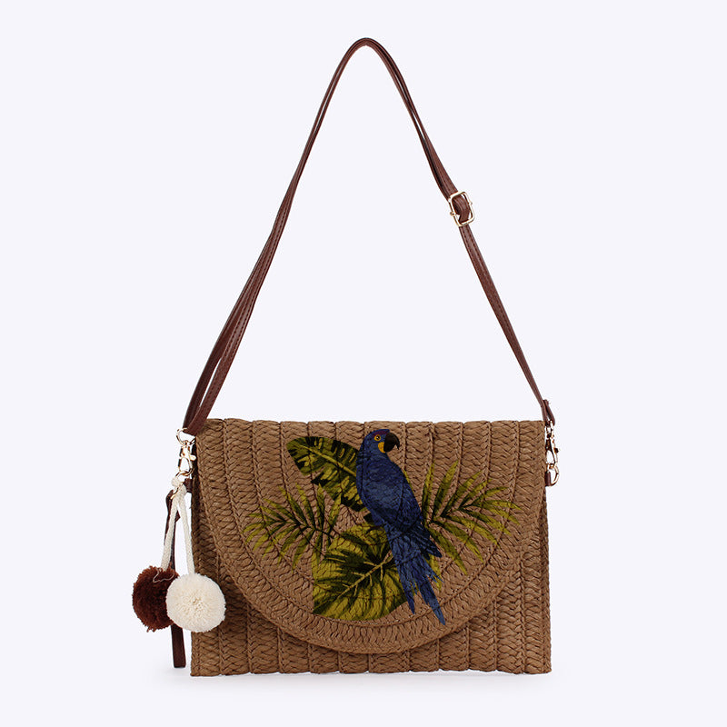 Chic Parrot Print Woven Straw Bag - Convertible Crossbody & Clutch