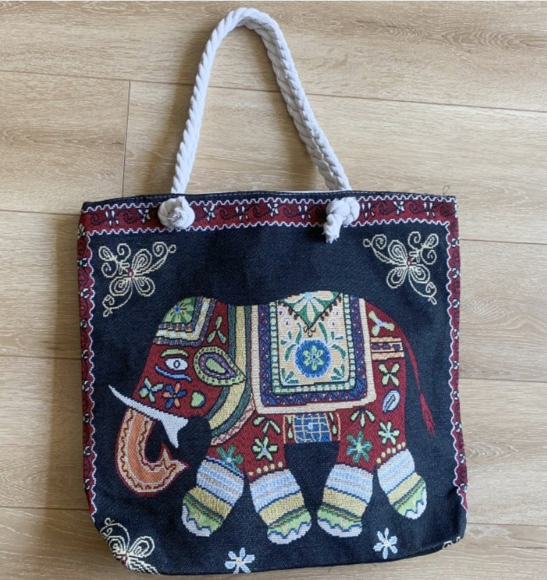 Boho Chic Double-Sided Elephant Embroidered Canvas Shoulder Bag - Spacious Everyday Tote
