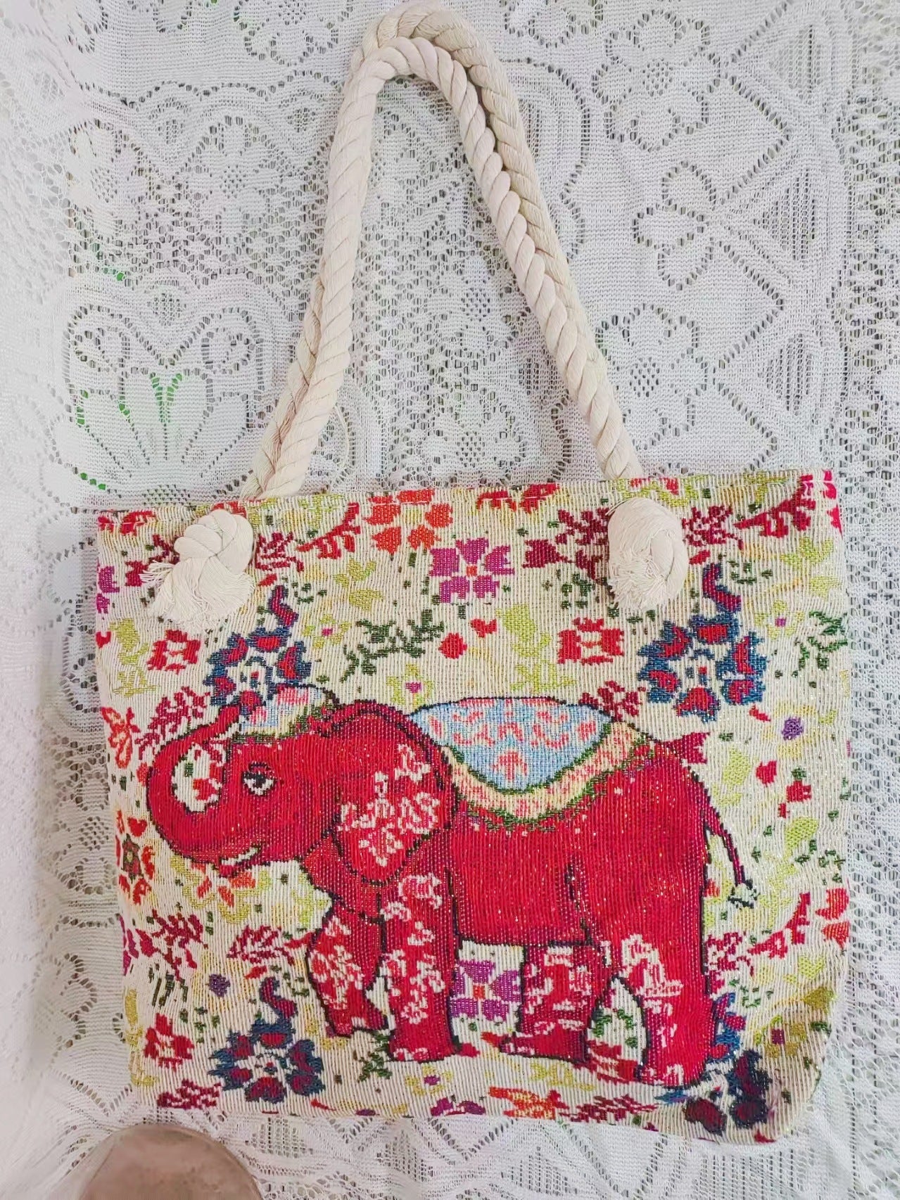 Boho Chic Double-Sided Elephant Embroidered Canvas Shoulder Bag - Spacious Everyday Tote