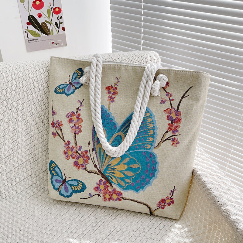Boho Chic Double-Sided Elephant Embroidered Canvas Shoulder Bag - Spacious Everyday Tote