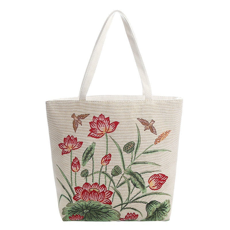 Boho Chic Double-Sided Elephant Embroidered Canvas Shoulder Bag - Spacious Everyday Tote