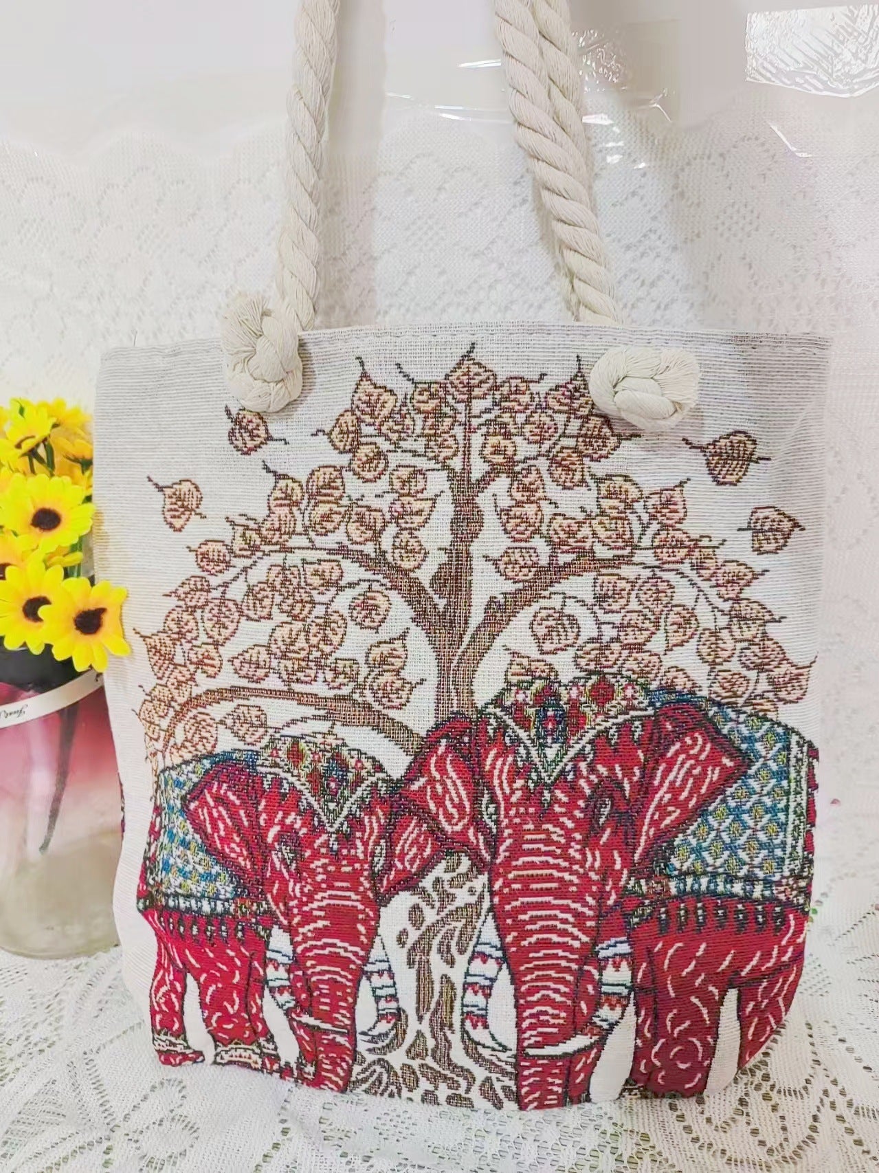 Boho Chic Double-Sided Elephant Embroidered Canvas Shoulder Bag - Spacious Everyday Tote