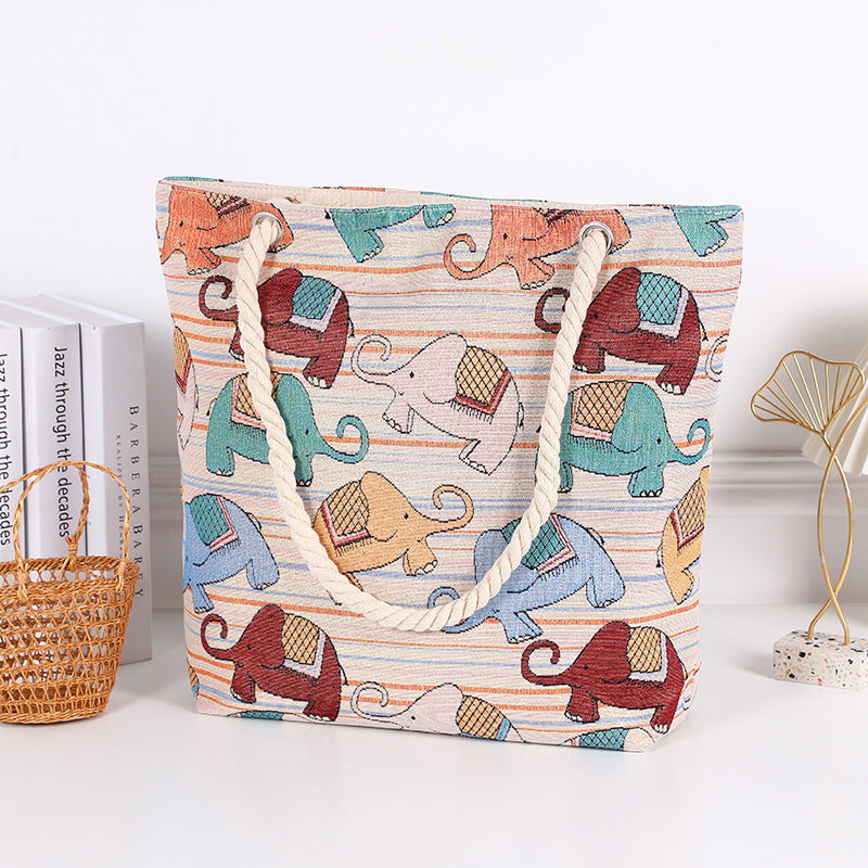 Boho Chic Double-Sided Elephant Embroidered Canvas Shoulder Bag - Spacious Everyday Tote