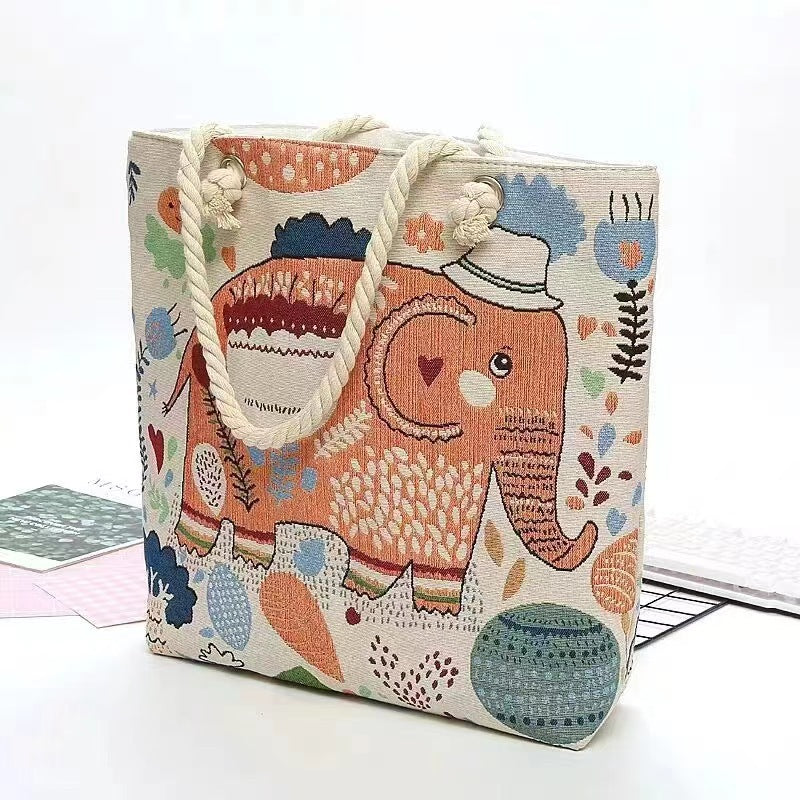 Boho Chic Double-Sided Elephant Embroidered Canvas Shoulder Bag - Spacious Everyday Tote