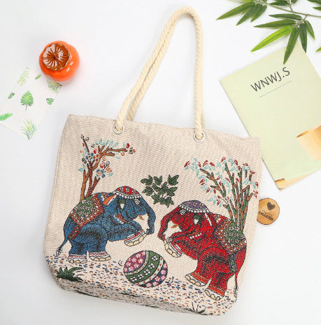 Boho Chic Double-Sided Elephant Embroidered Canvas Shoulder Bag - Spacious Everyday Tote