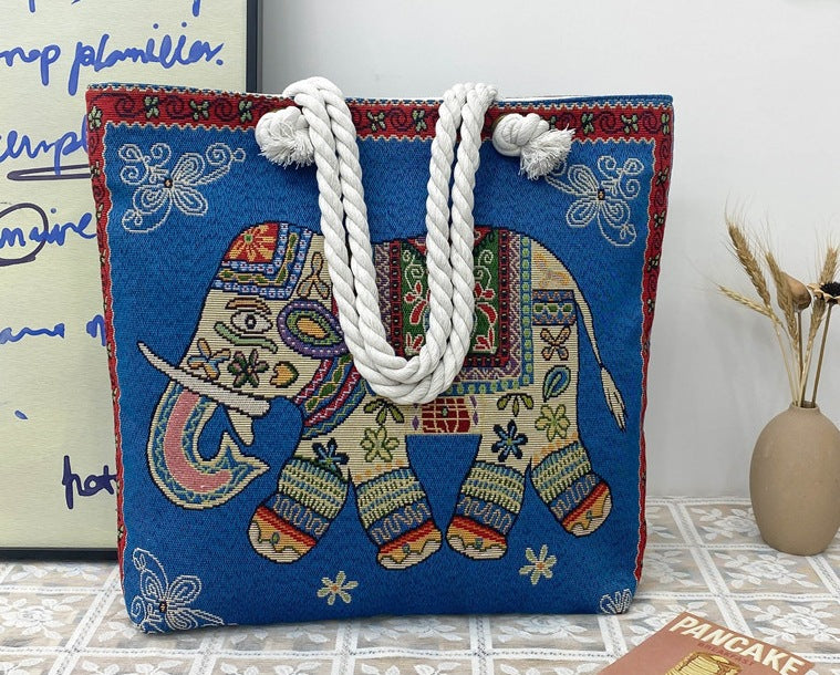 Boho Chic Double-Sided Elephant Embroidered Canvas Shoulder Bag - Spacious Everyday Tote