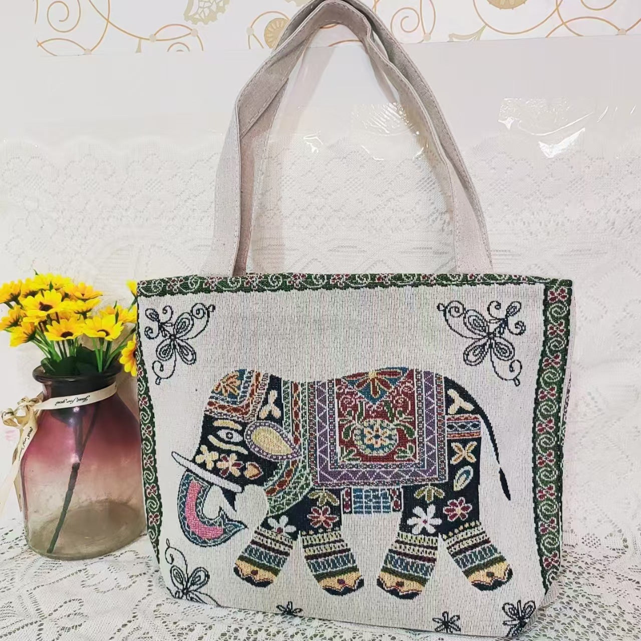 Boho Chic Double-Sided Elephant Embroidered Canvas Shoulder Bag - Spacious Everyday Tote