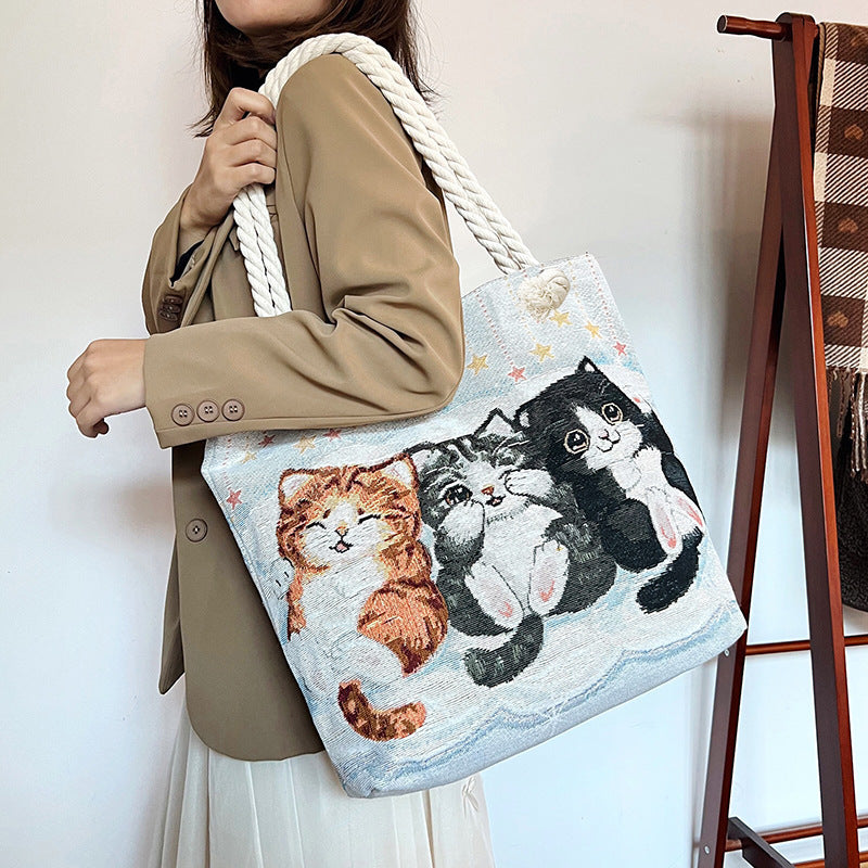 Boho Chic Double-Sided Elephant Embroidered Canvas Shoulder Bag - Spacious Everyday Tote