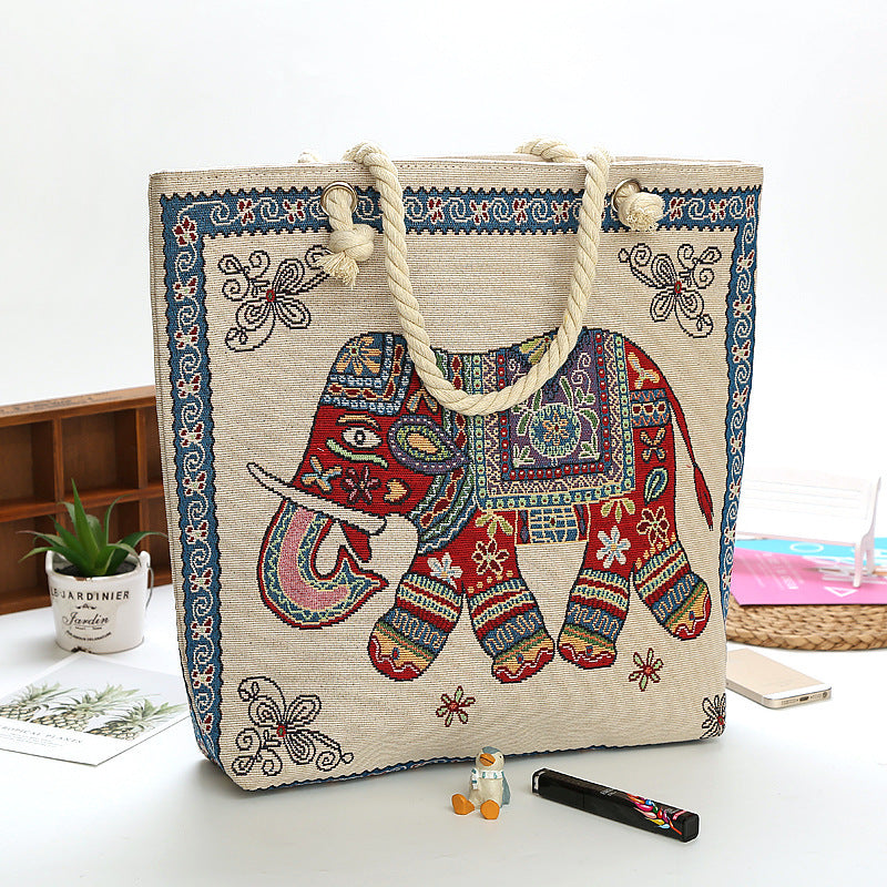 Boho Chic Double-Sided Elephant Embroidered Canvas Shoulder Bag - Spacious Everyday Tote