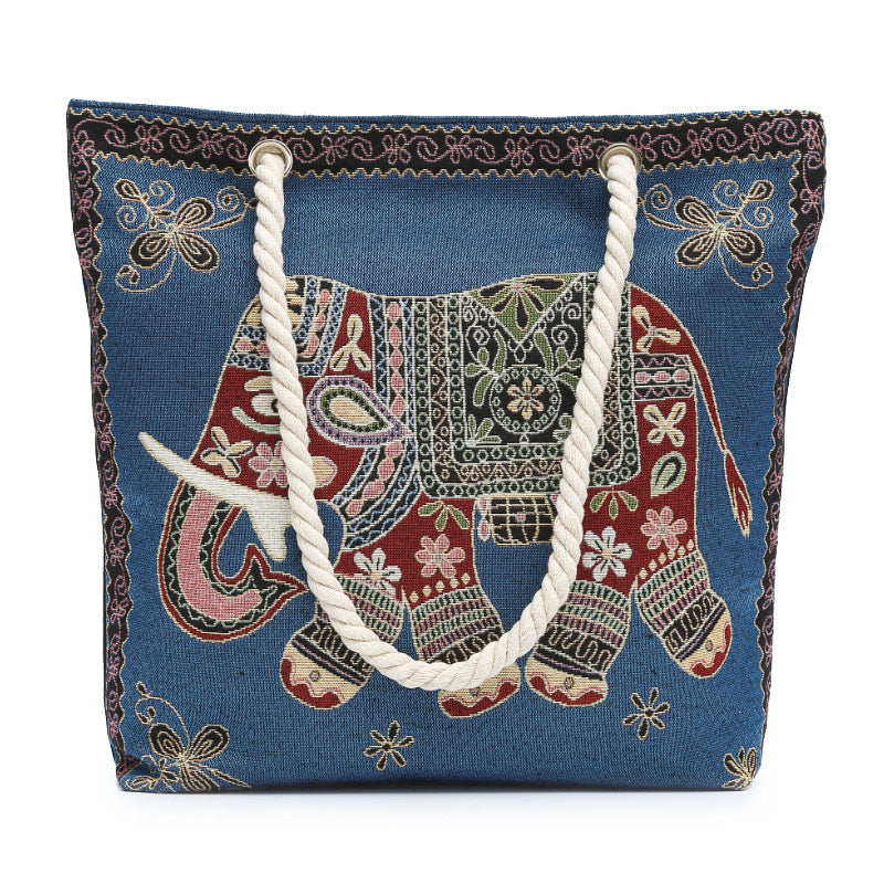Boho Chic Double-Sided Elephant Embroidered Canvas Shoulder Bag - Spacious Everyday Tote