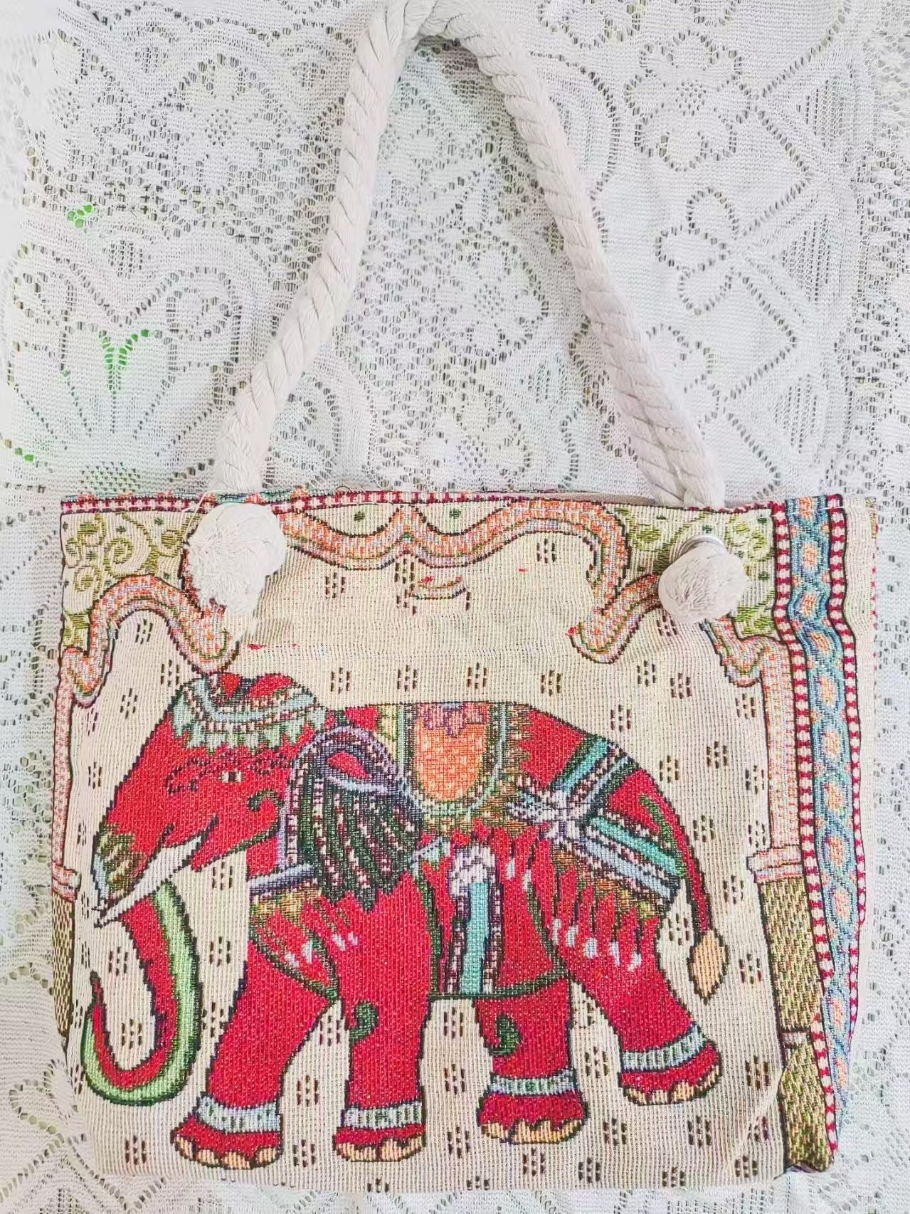 Boho Chic Double-Sided Elephant Embroidered Canvas Shoulder Bag - Spacious Everyday Tote