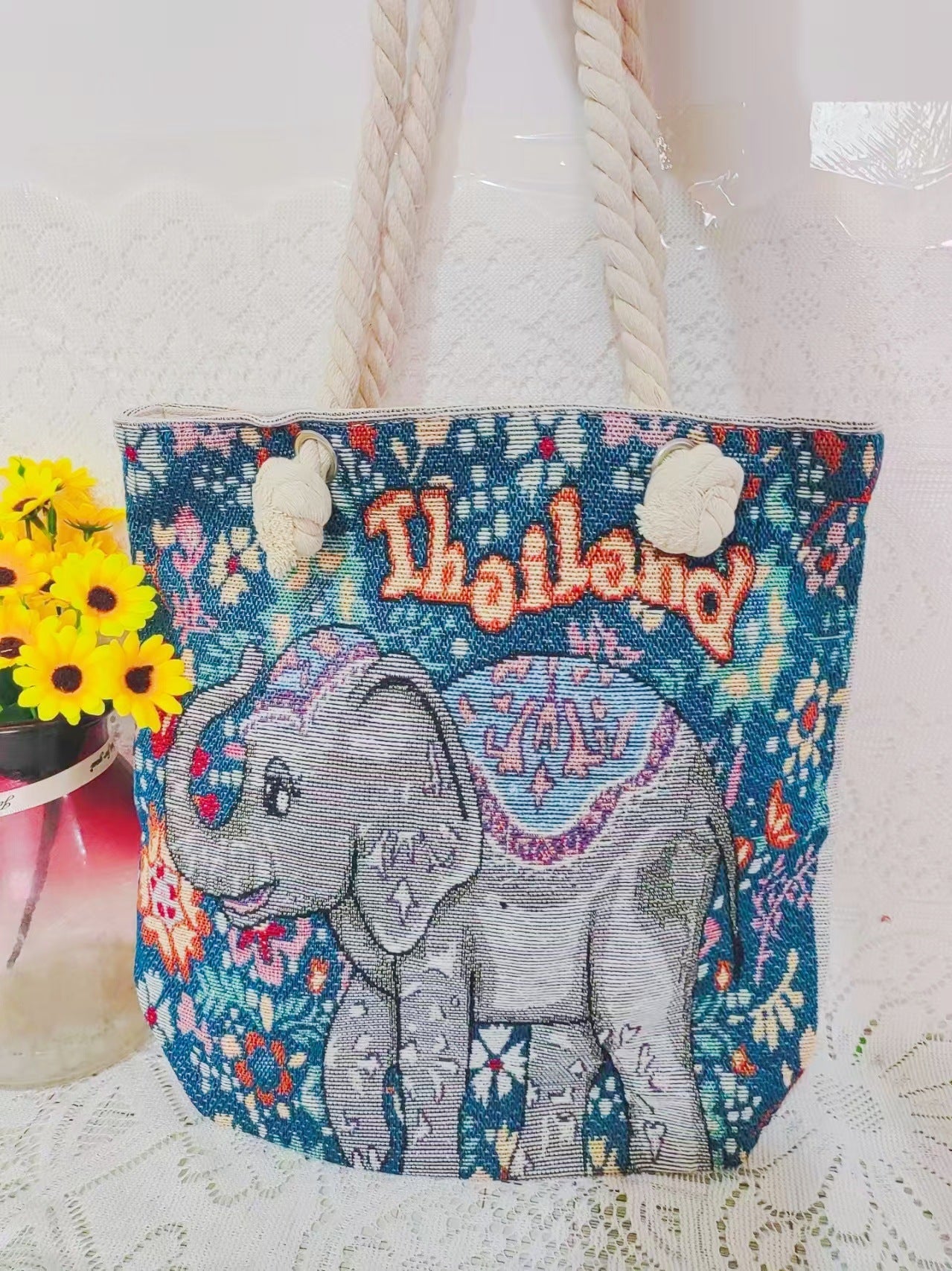 Boho Chic Double-Sided Elephant Embroidered Canvas Shoulder Bag - Spacious Everyday Tote