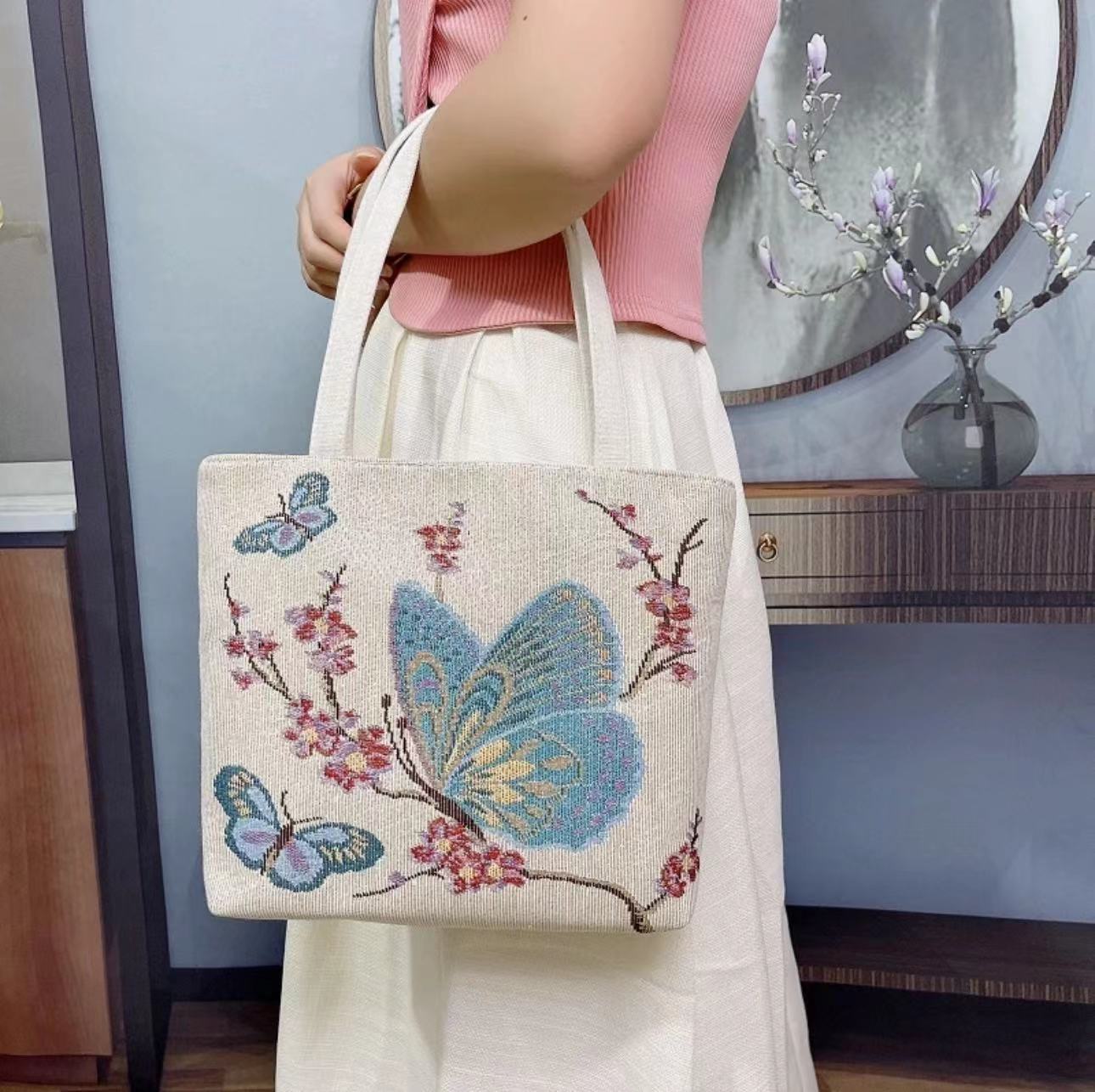 Boho Chic Double-Sided Elephant Embroidered Canvas Shoulder Bag - Spacious Everyday Tote