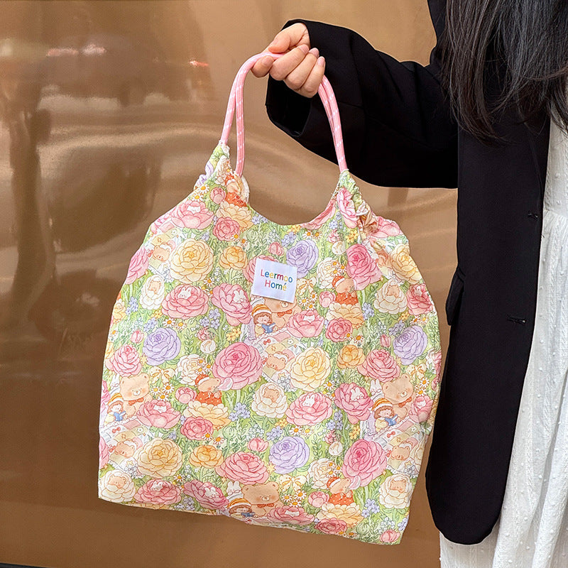 Chic Floral Embossed Drawstring Tote Bag - Large Capacity Polyester Canvas Shopper for Everyday & Leisure