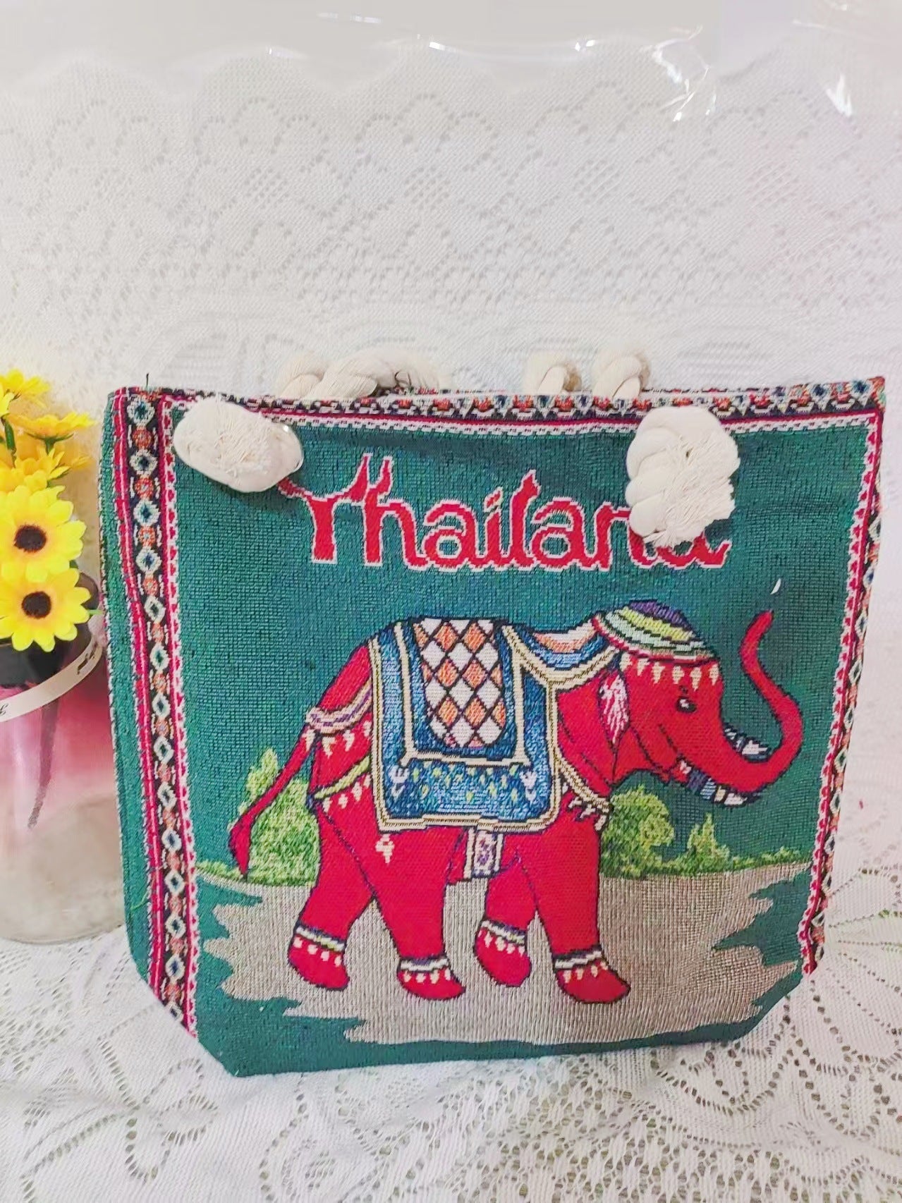 Boho Chic Double-Sided Elephant Embroidered Canvas Shoulder Bag - Spacious Everyday Tote