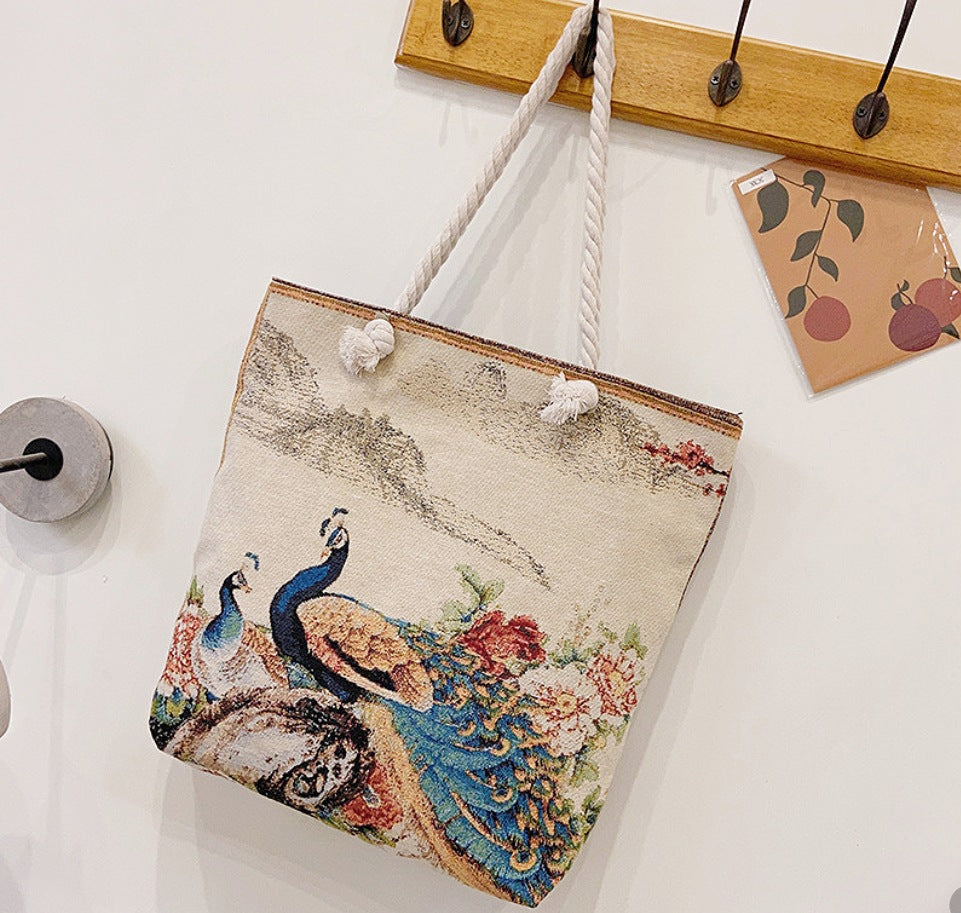 Boho Chic Double-Sided Elephant Embroidered Canvas Shoulder Bag - Spacious Everyday Tote