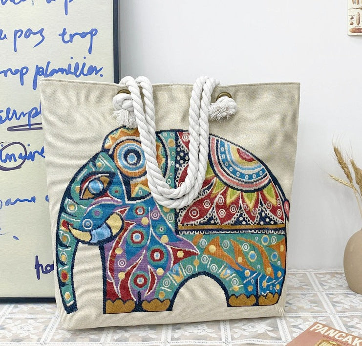 Boho Chic Double-Sided Elephant Embroidered Canvas Shoulder Bag - Spacious Everyday Tote