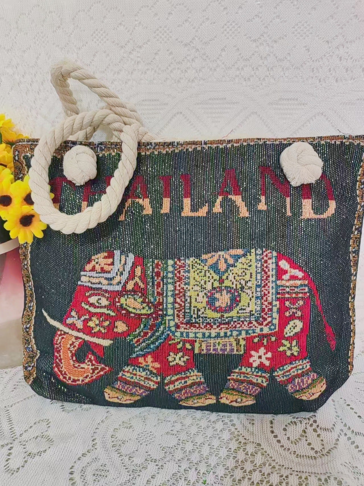 Boho Chic Double-Sided Elephant Embroidered Canvas Shoulder Bag - Spacious Everyday Tote