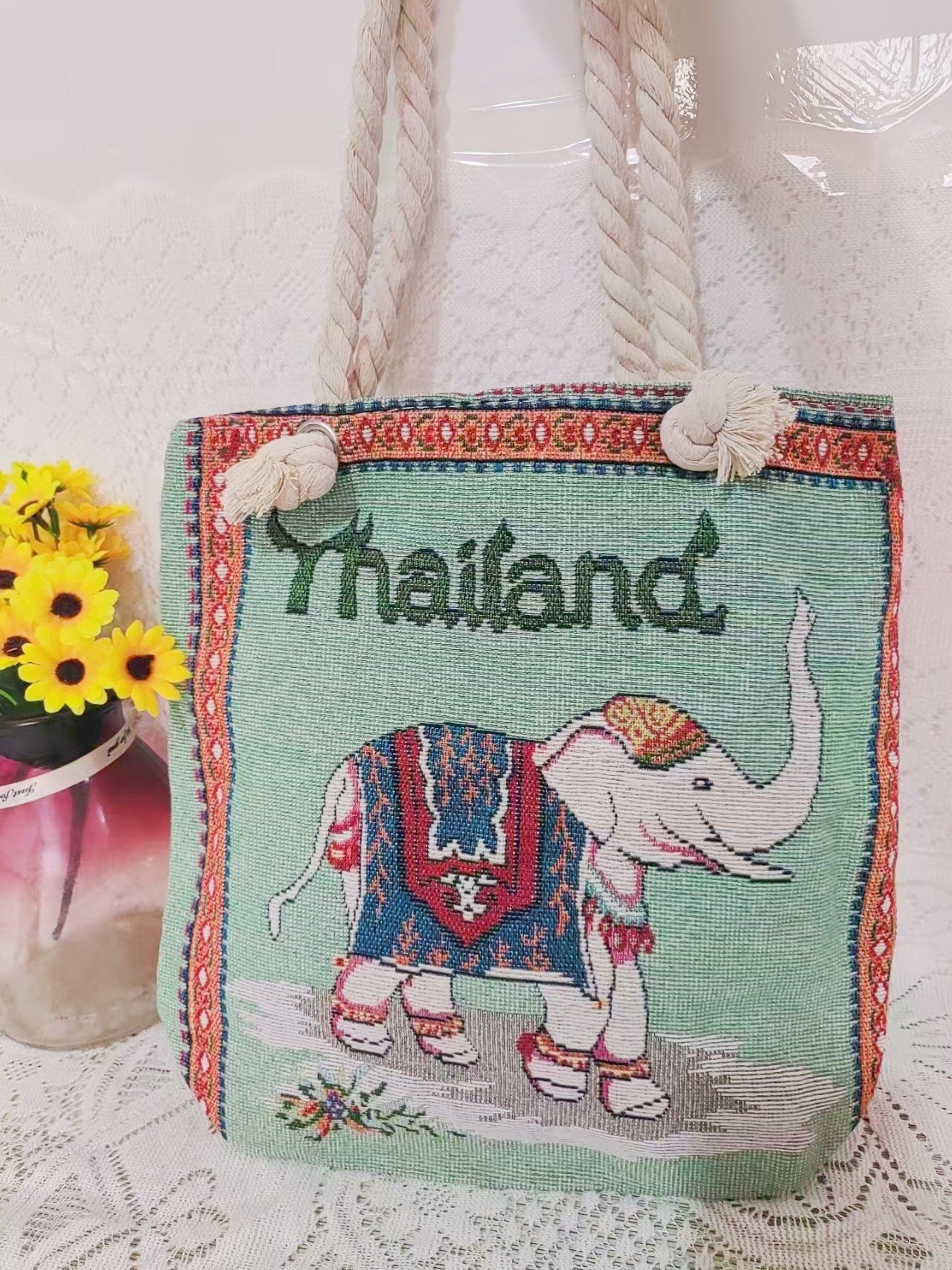 Boho Chic Double-Sided Elephant Embroidered Canvas Shoulder Bag - Spacious Everyday Tote