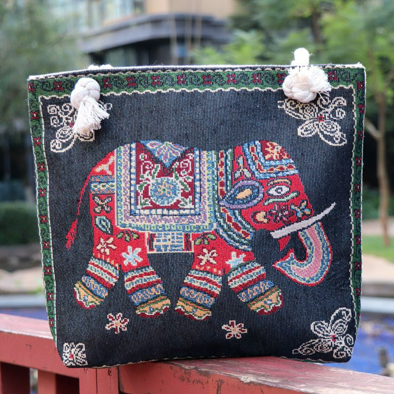 Boho Chic Double-Sided Elephant Embroidered Canvas Shoulder Bag - Spacious Everyday Tote