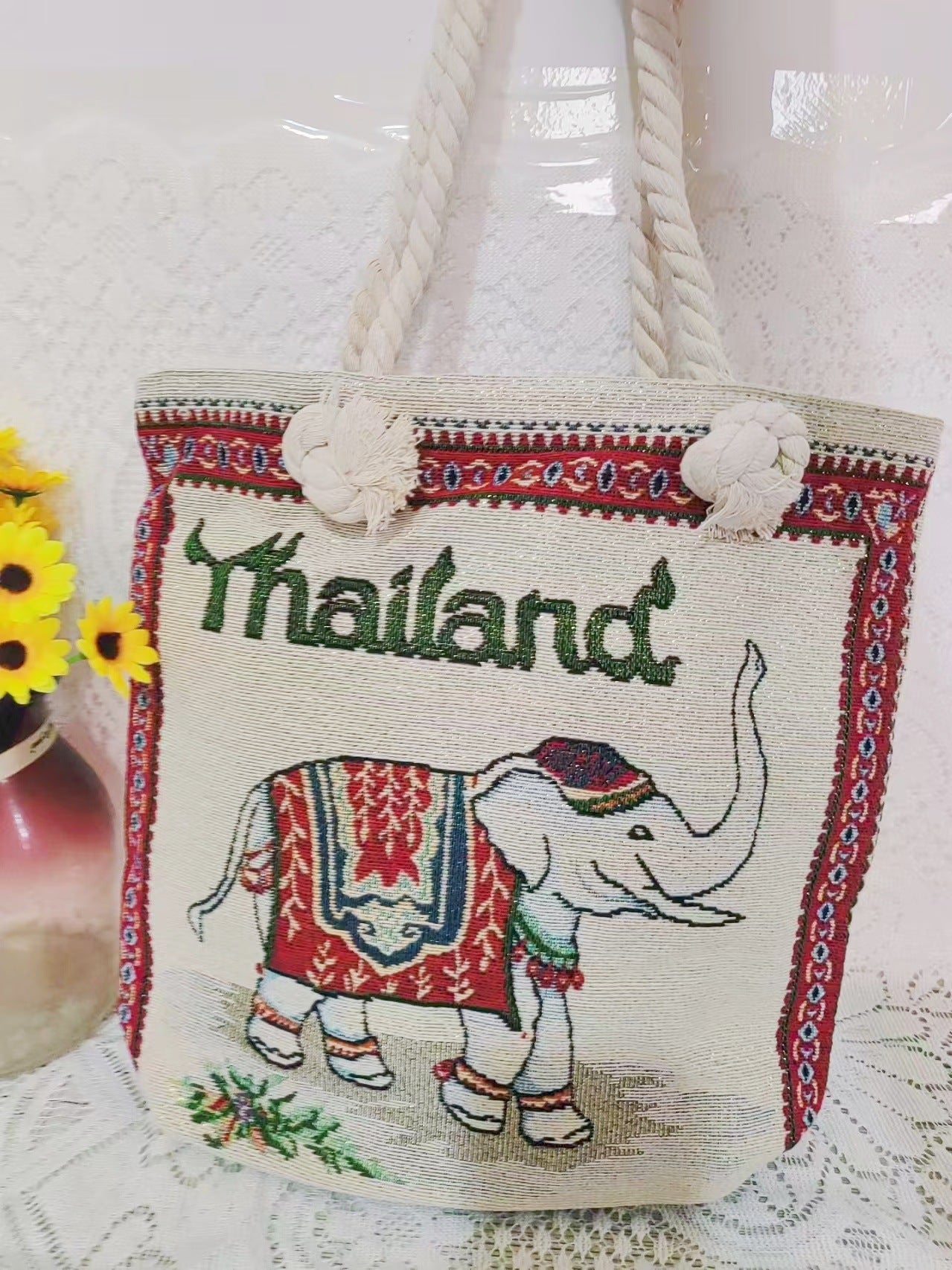 Boho Chic Double-Sided Elephant Embroidered Canvas Shoulder Bag - Spacious Everyday Tote