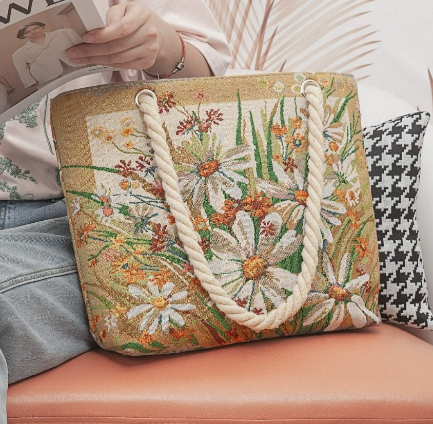 Boho Chic Double-Sided Elephant Embroidered Canvas Shoulder Bag - Spacious Everyday Tote