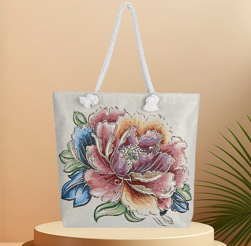 Boho Chic Double-Sided Elephant Embroidered Canvas Shoulder Bag - Spacious Everyday Tote